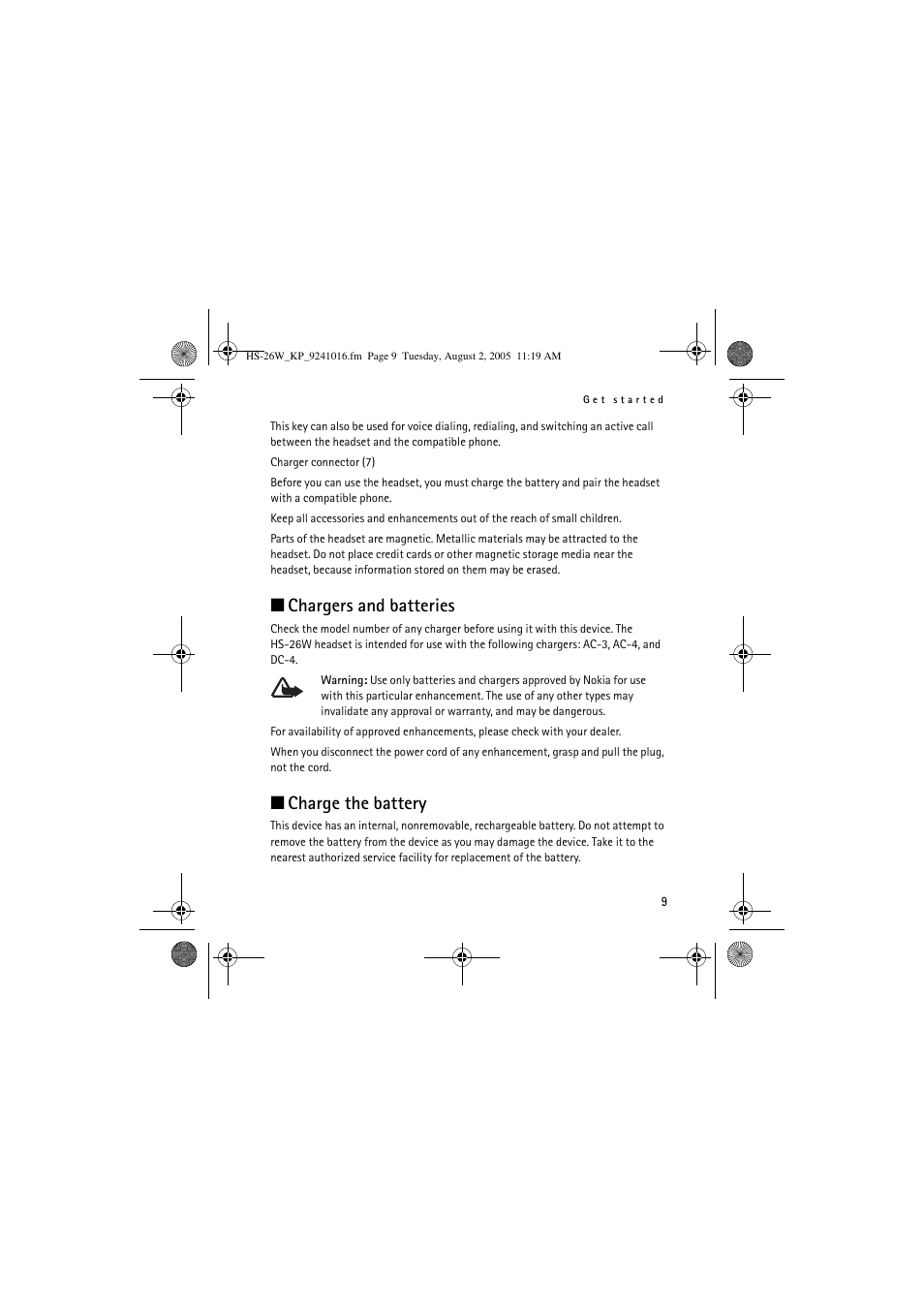 Chargers and batteries, Charge the battery | Nokia HS 26W User Manual | Page 9 / 80