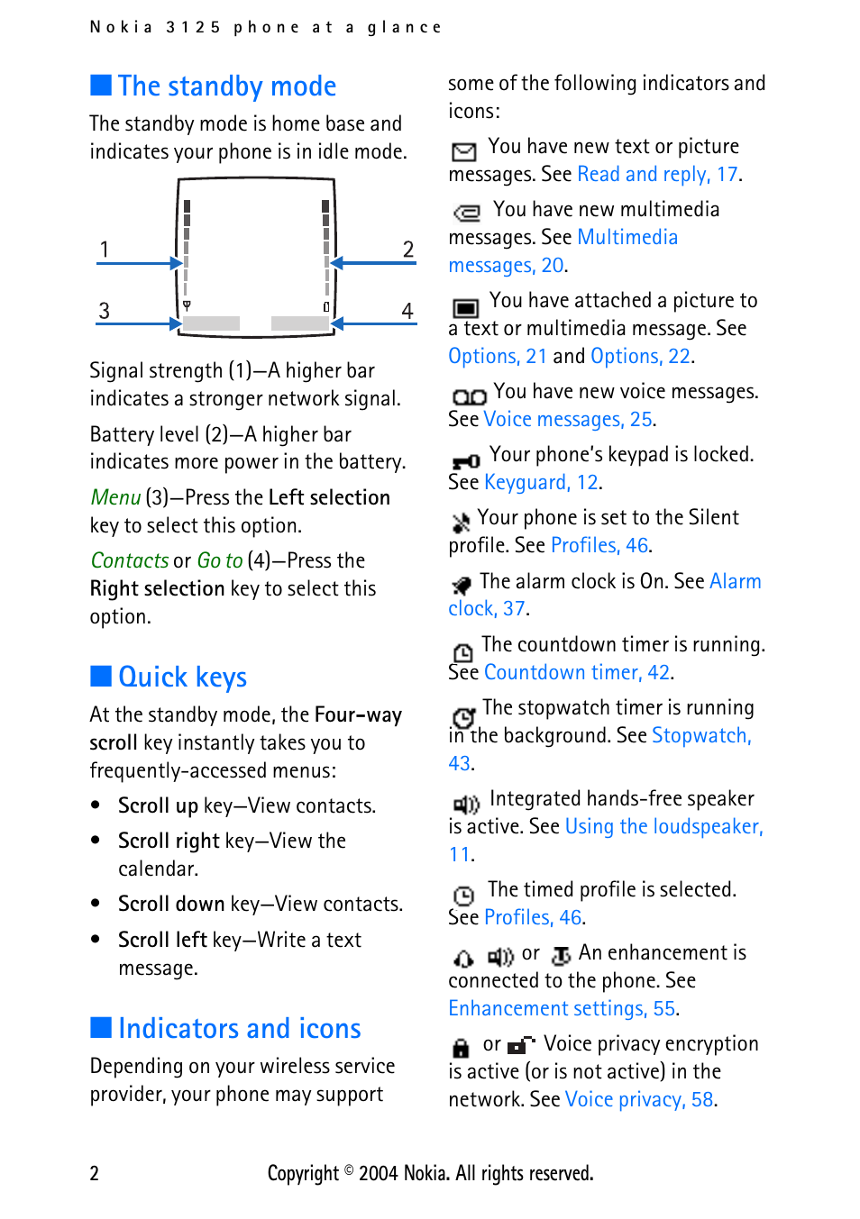 The standby mode, Quick keys, Indicators and icons | The standby mode quick keys indicators and icons | Nokia XPRESS-ON 3125 User Manual | Page 12 / 91