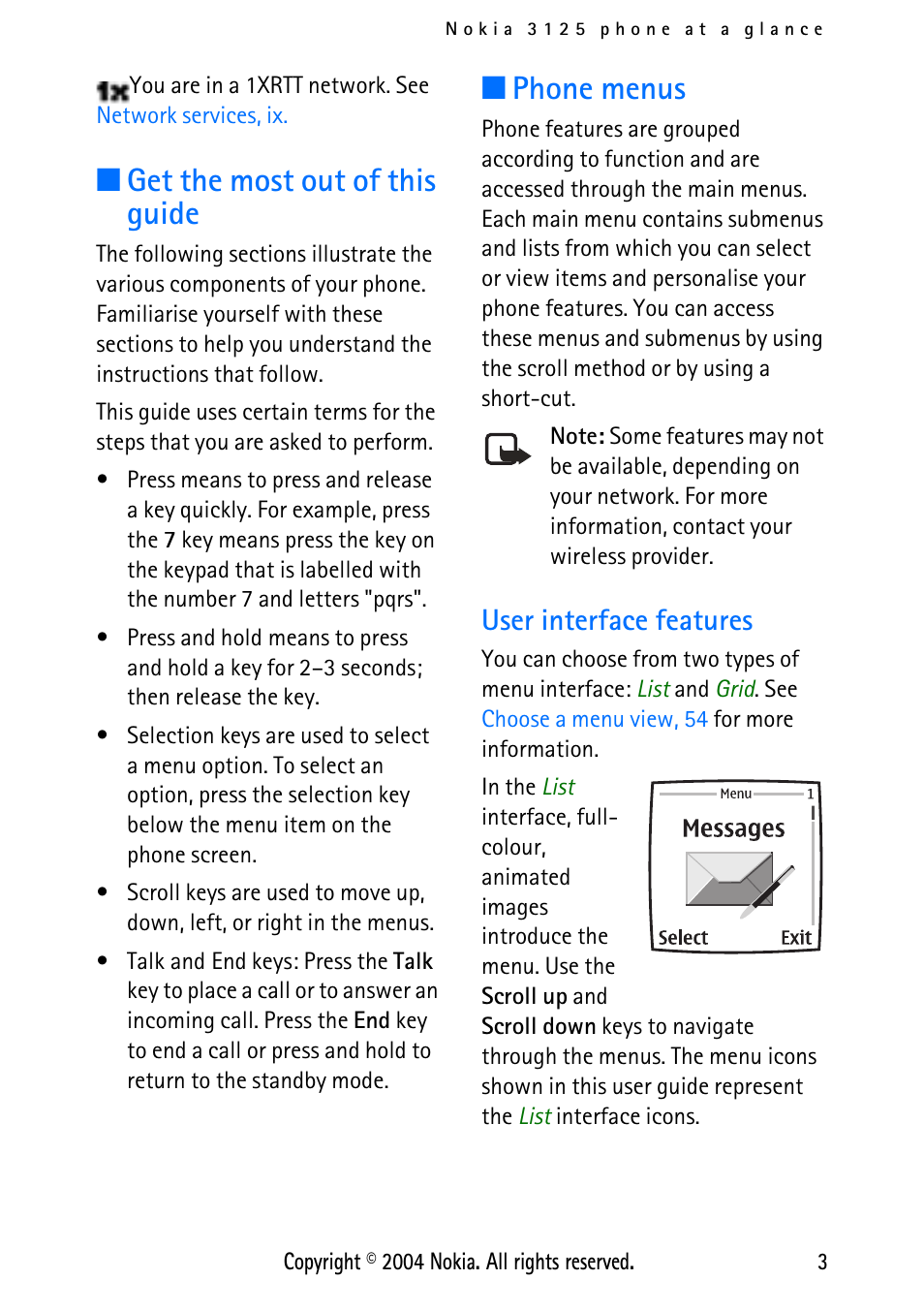 Get the most out of this guide, Phone menus, User interface features | Get the most out of this guide phone menus | Nokia XPRESS-ON 3125 User Manual | Page 13 / 91