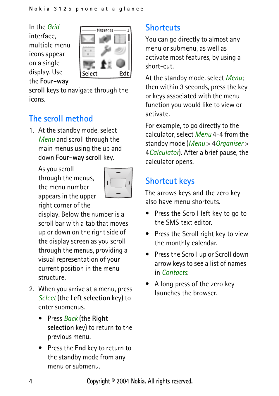 The scroll method, Shortcuts, Shortcut | The scroll method shortcuts shortcut keys, Shortcut keys | Nokia XPRESS-ON 3125 User Manual | Page 14 / 91
