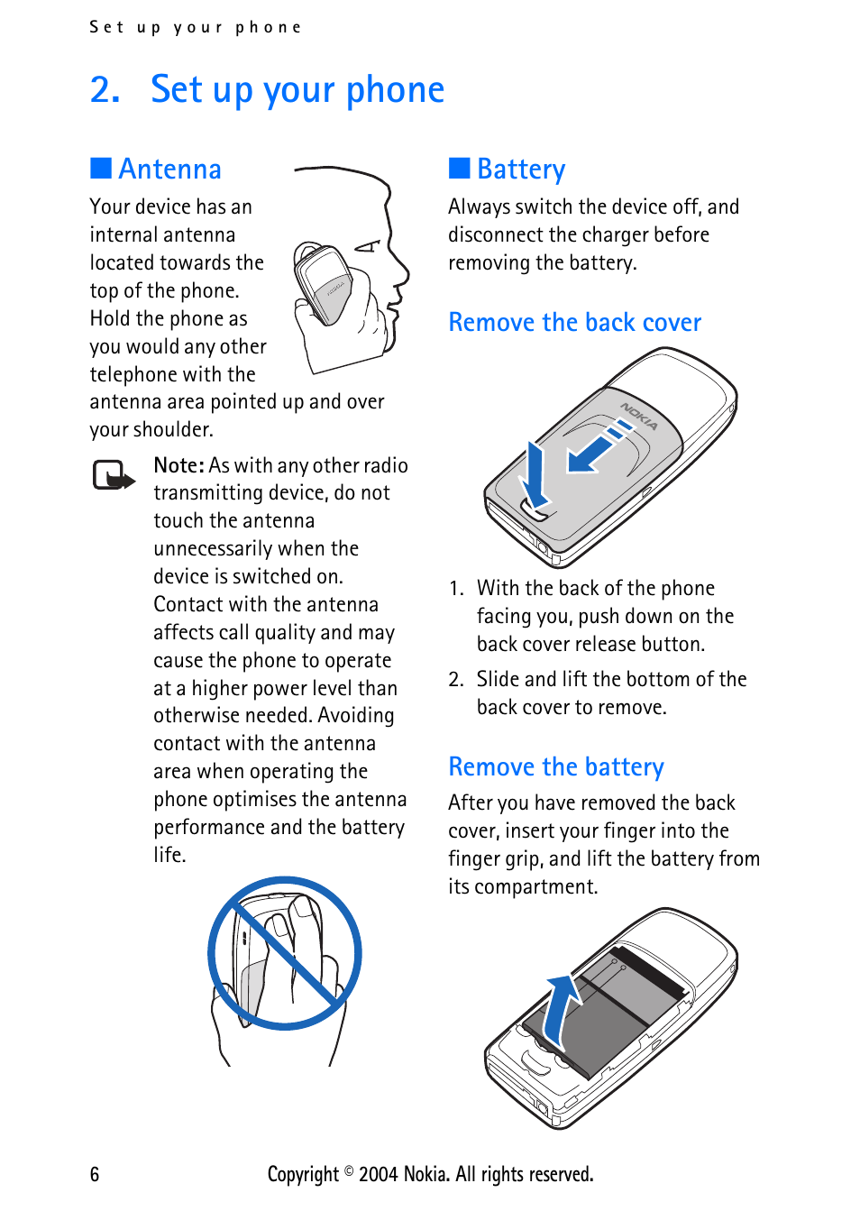 Set up your phone, Antenna, Battery | Remove the battery, Antenna battery, Remove the back cover remove the battery | Nokia XPRESS-ON 3125 User Manual | Page 16 / 91