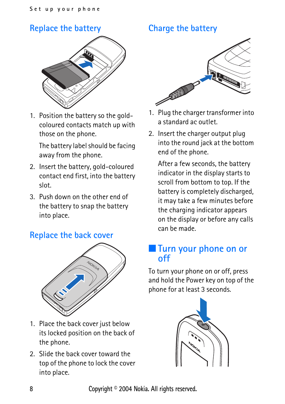 Replace the back cover, Charge the battery, Turn your phone on or off | Replace the battery | Nokia XPRESS-ON 3125 User Manual | Page 18 / 91