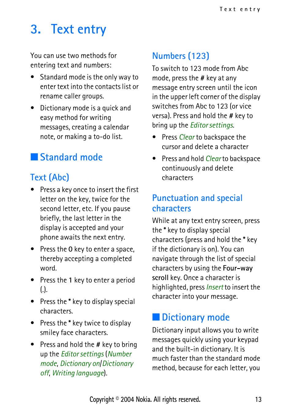 Text entry, Standard mode, Text (abc) | Numbers (123), Punctuation and special characters, Dictionary mode | Nokia XPRESS-ON 3125 User Manual | Page 23 / 91