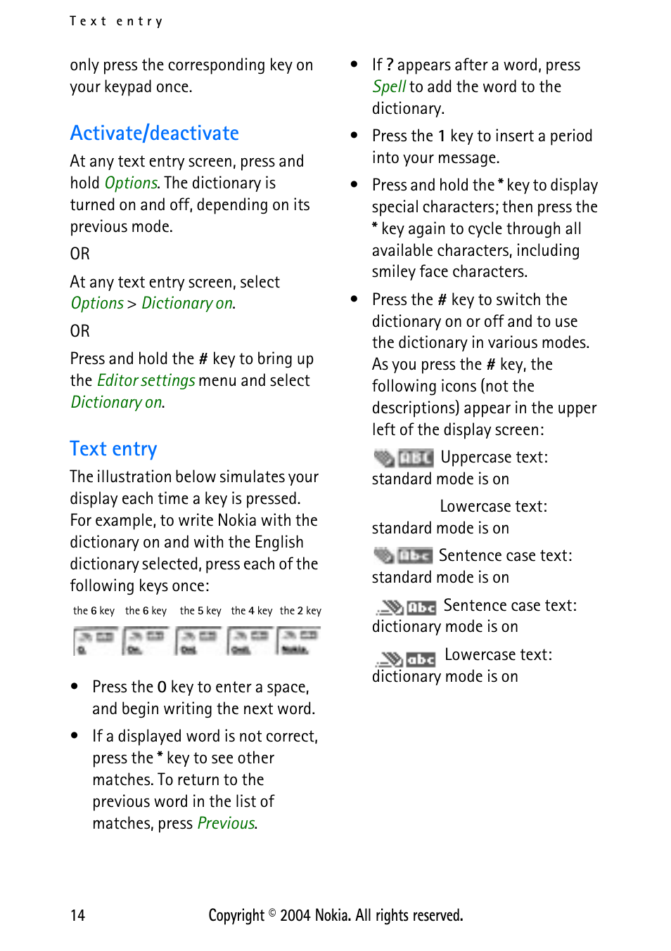 Activate/deactivate, Text entry, Activate/deactivate text entry | Nokia XPRESS-ON 3125 User Manual | Page 24 / 91