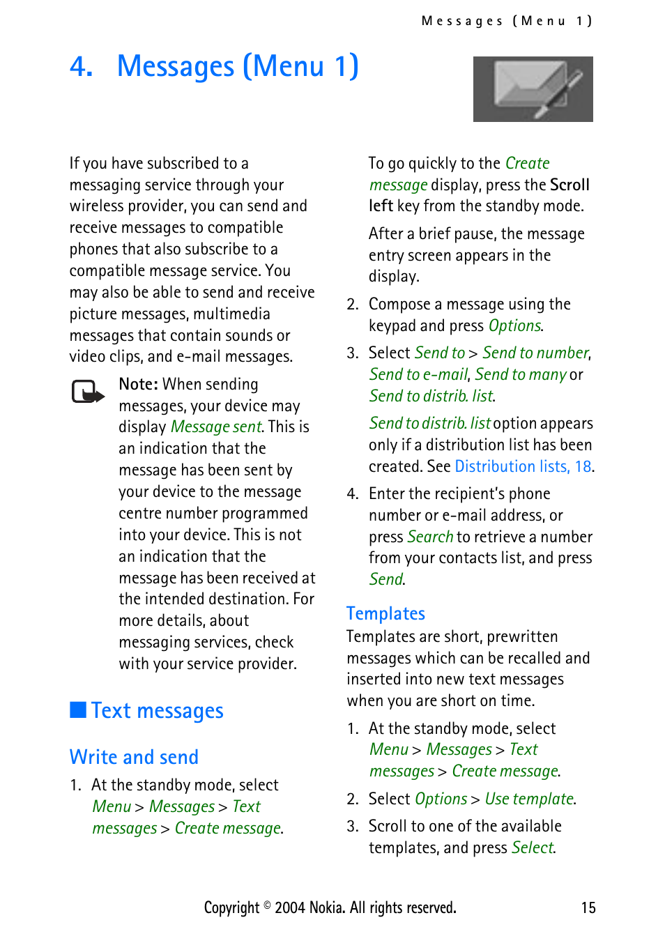 Messages (menu 1), Text messages, Write and send | Templates | Nokia XPRESS-ON 3125 User Manual | Page 25 / 91