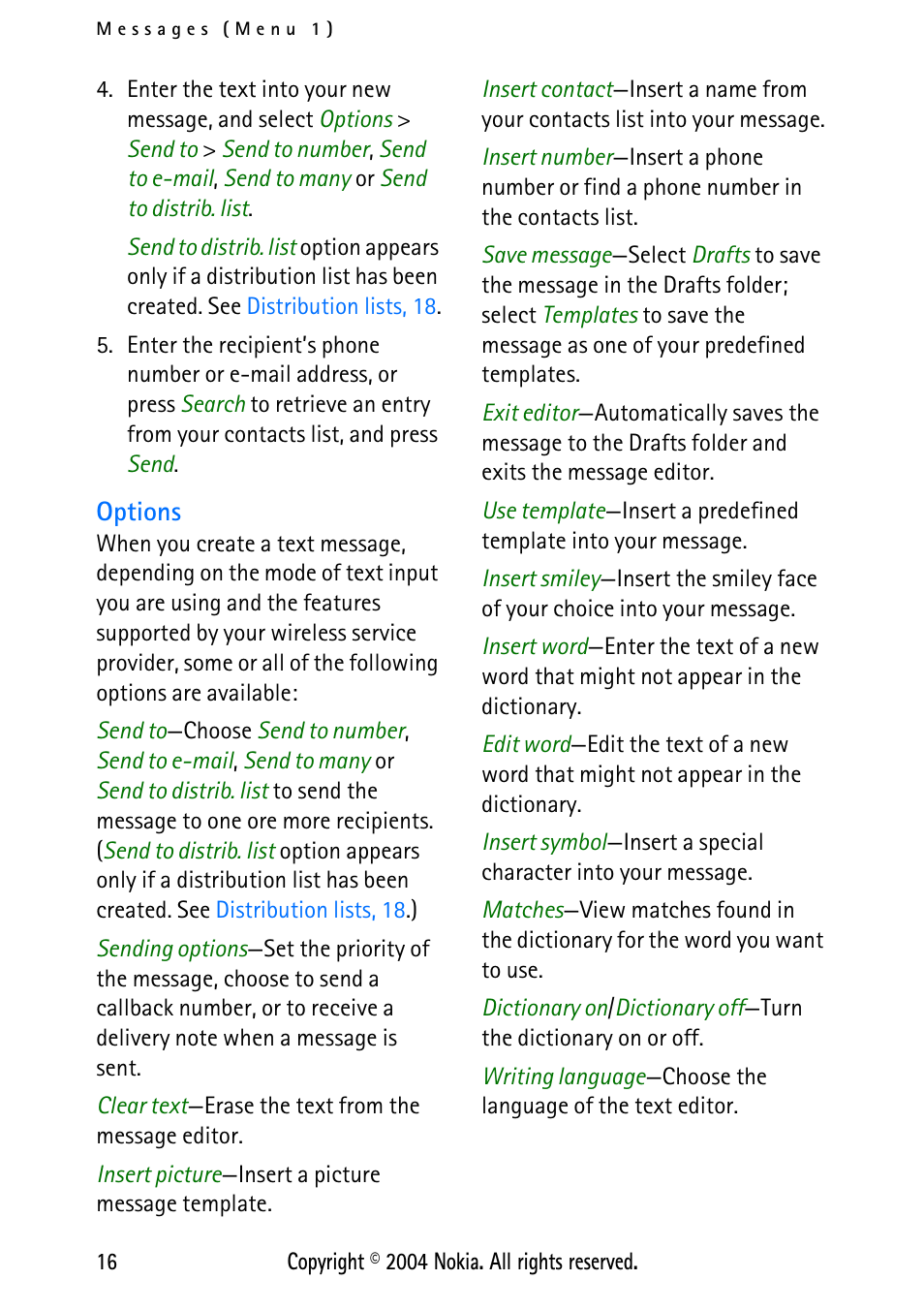 Options | Nokia XPRESS-ON 3125 User Manual | Page 26 / 91