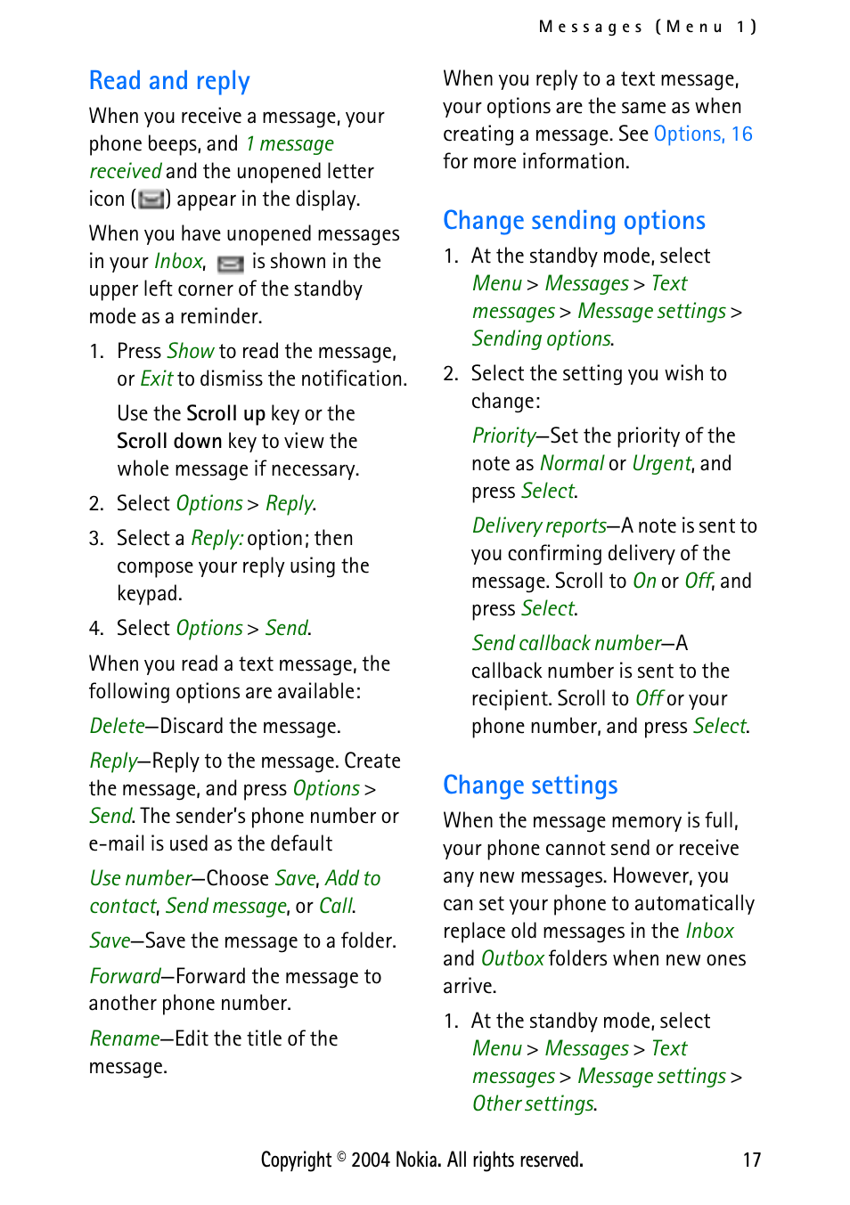 Read and reply, Change sending options, Change settings | Read and reply, 17 | Nokia XPRESS-ON 3125 User Manual | Page 27 / 91