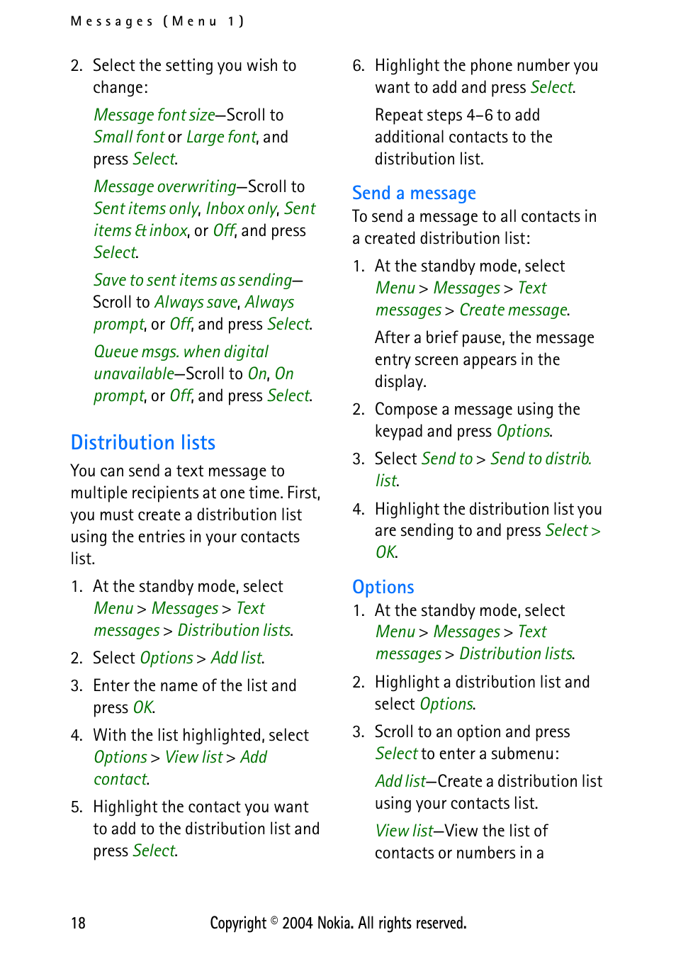 Distribution lists, Send a message, Options | Send a message options, Distribution lists, 18, Created. see | Nokia XPRESS-ON 3125 User Manual | Page 28 / 91