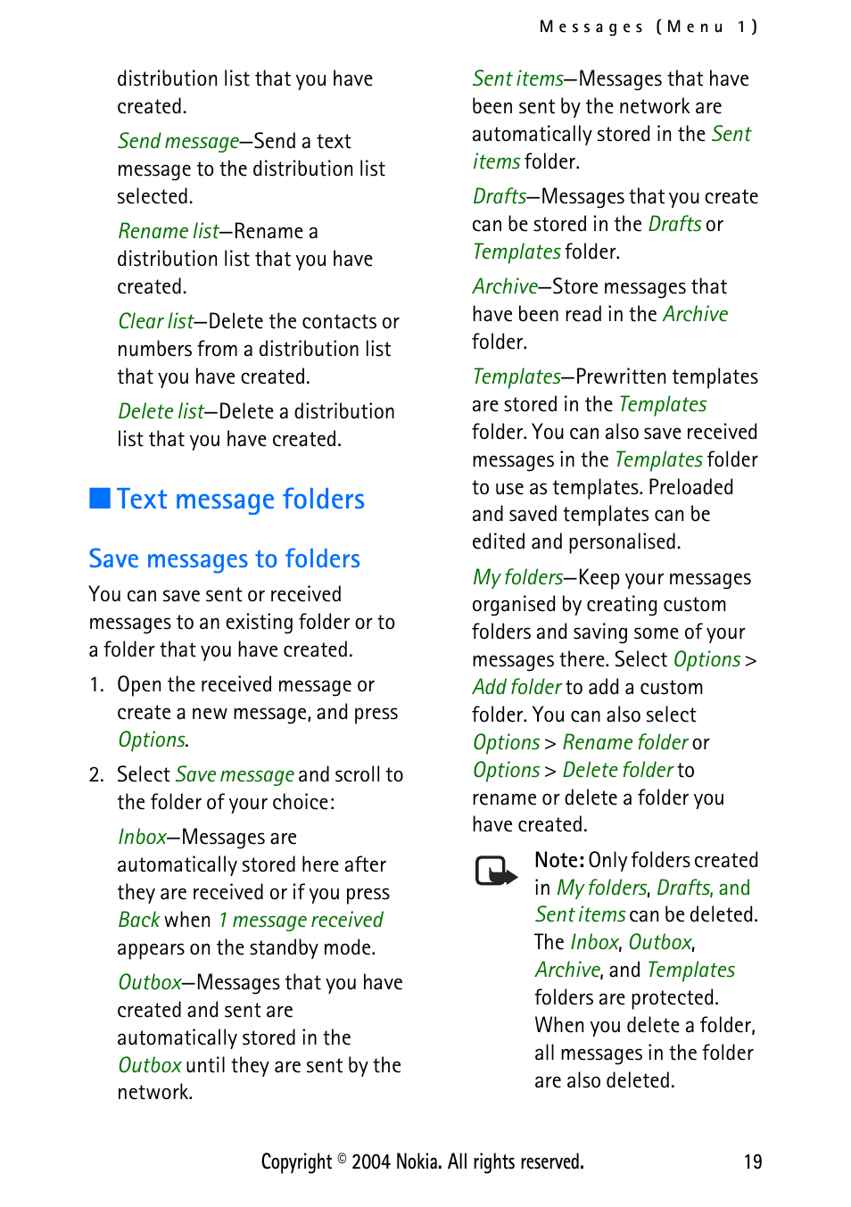 Text message folders, Save messages to folders | Nokia XPRESS-ON 3125 User Manual | Page 29 / 91