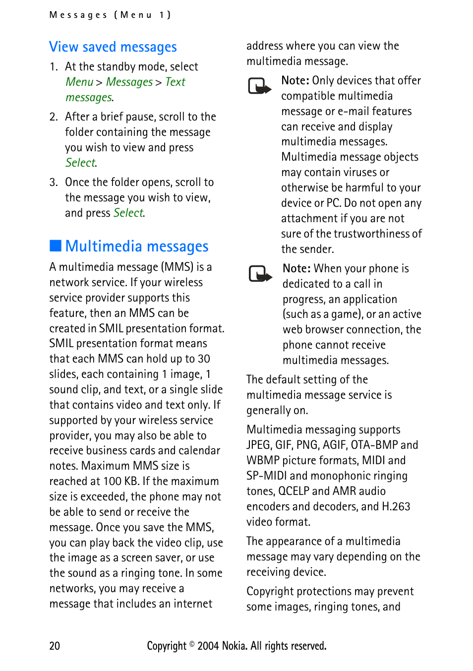 View saved messages, Multimedia messages, Multimedia | Messages, 20 | Nokia XPRESS-ON 3125 User Manual | Page 30 / 91