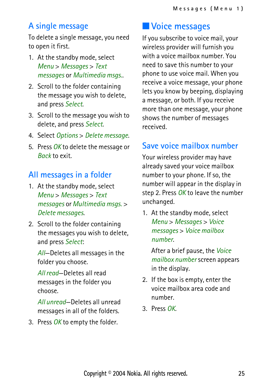 A single message, All messages in a folder, Voice messages | Save voice mailbox number, A single message all messages in a folder, Voice messages, 25 | Nokia XPRESS-ON 3125 User Manual | Page 35 / 91