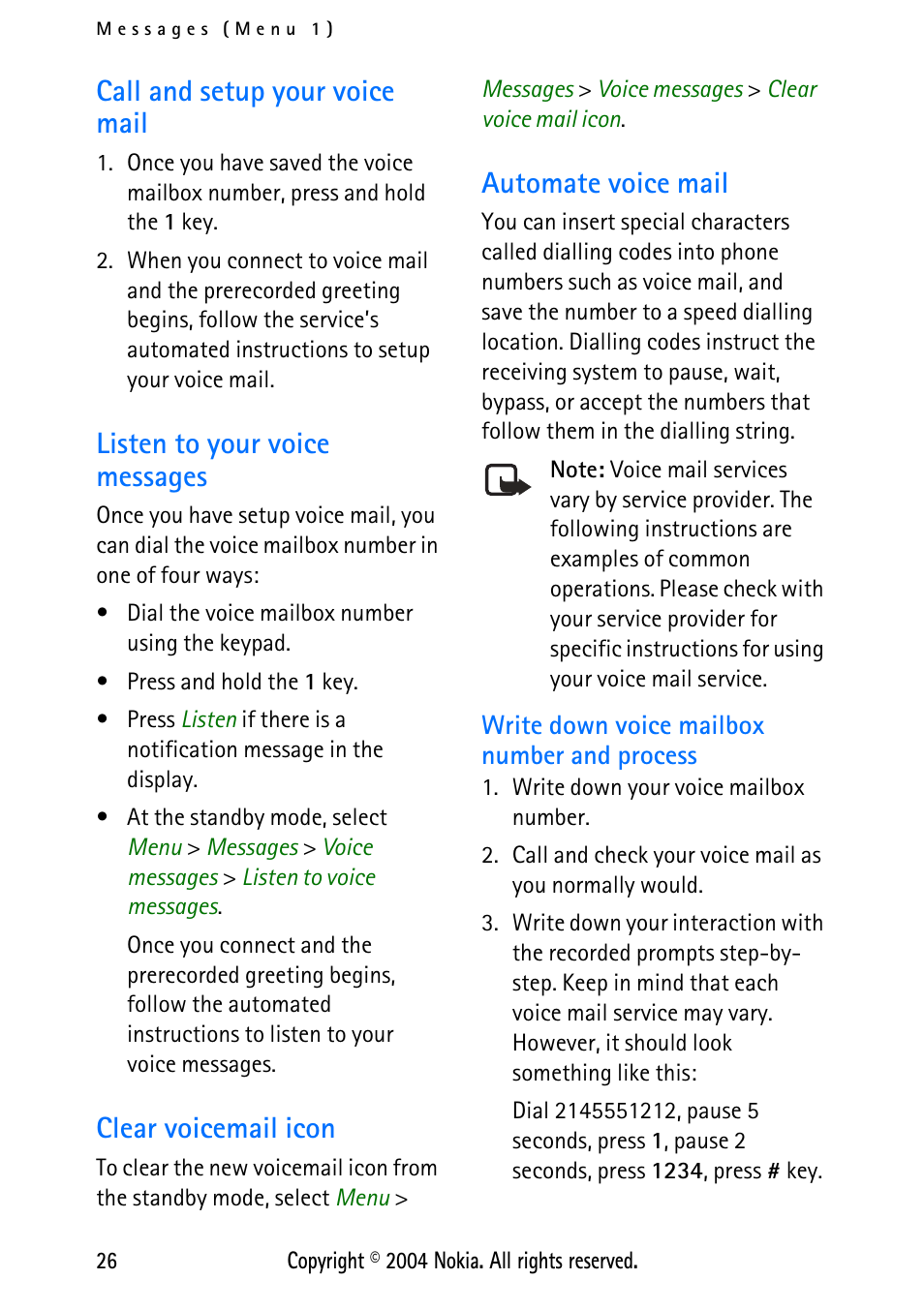 Call and setup your voice mail, Listen to your voice messages, Clear voicemail icon | Automate voice mail, Write down voice mailbox number and process | Nokia XPRESS-ON 3125 User Manual | Page 36 / 91