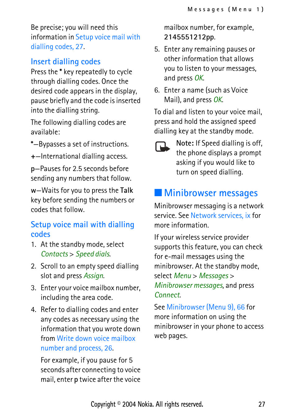 Insert dialling codes, Setup voice mail with dialling codes, Minibrowser messages | Nokia XPRESS-ON 3125 User Manual | Page 37 / 91