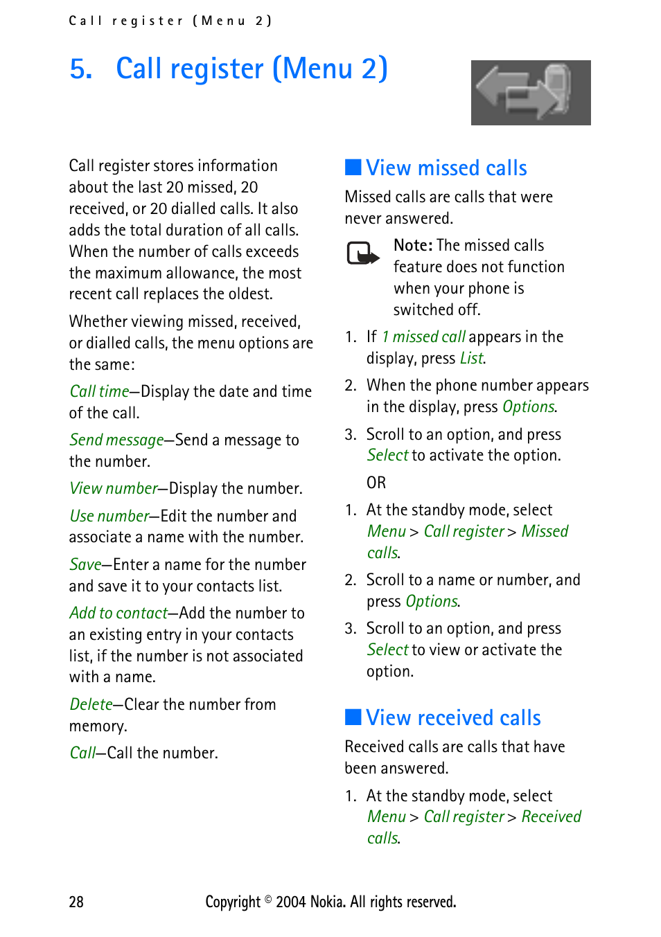 Call register (menu 2), View missed calls, View received calls | View missed calls view received calls | Nokia XPRESS-ON 3125 User Manual | Page 38 / 91