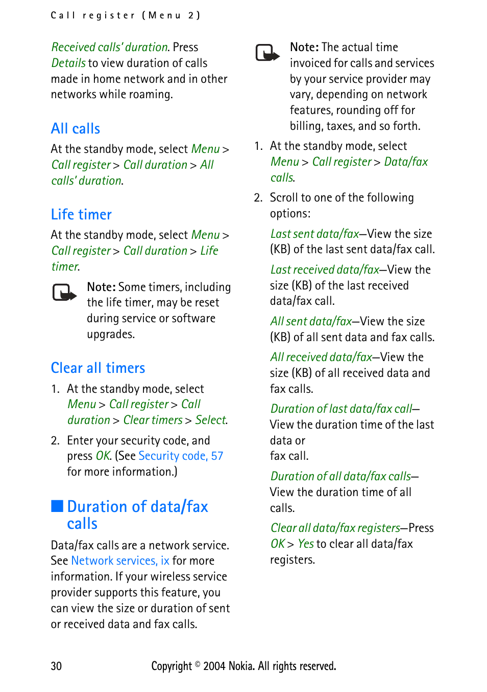 All calls, Life timer, Clear all timers | Duration of data/fax calls, All calls life timer clear all timers | Nokia XPRESS-ON 3125 User Manual | Page 40 / 91