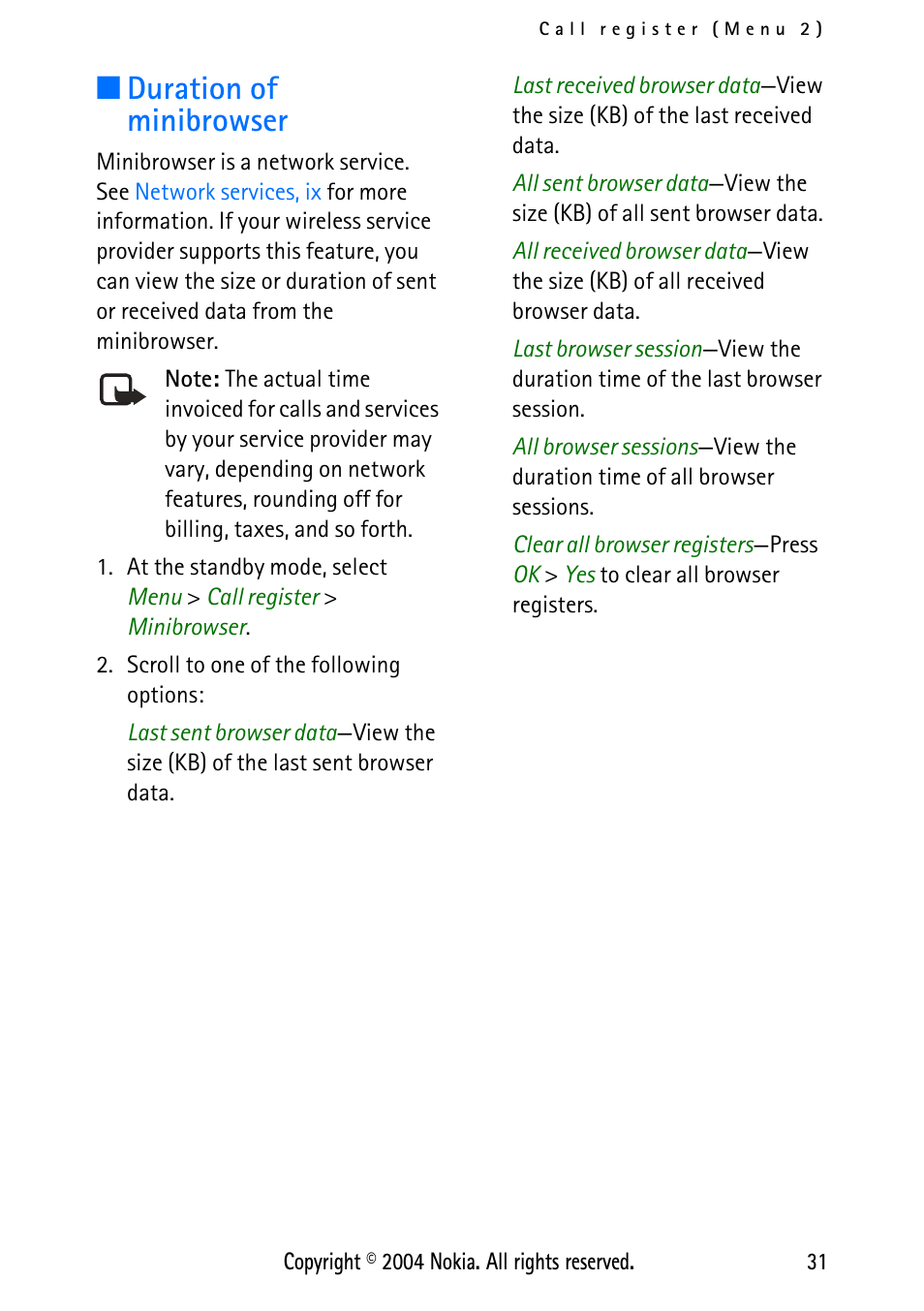 Duration of minibrowser | Nokia XPRESS-ON 3125 User Manual | Page 41 / 91