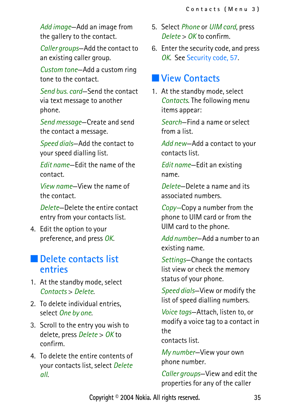 Delete contacts list entries, View contacts, Delete contacts list entries view contacts | Nokia XPRESS-ON 3125 User Manual | Page 45 / 91