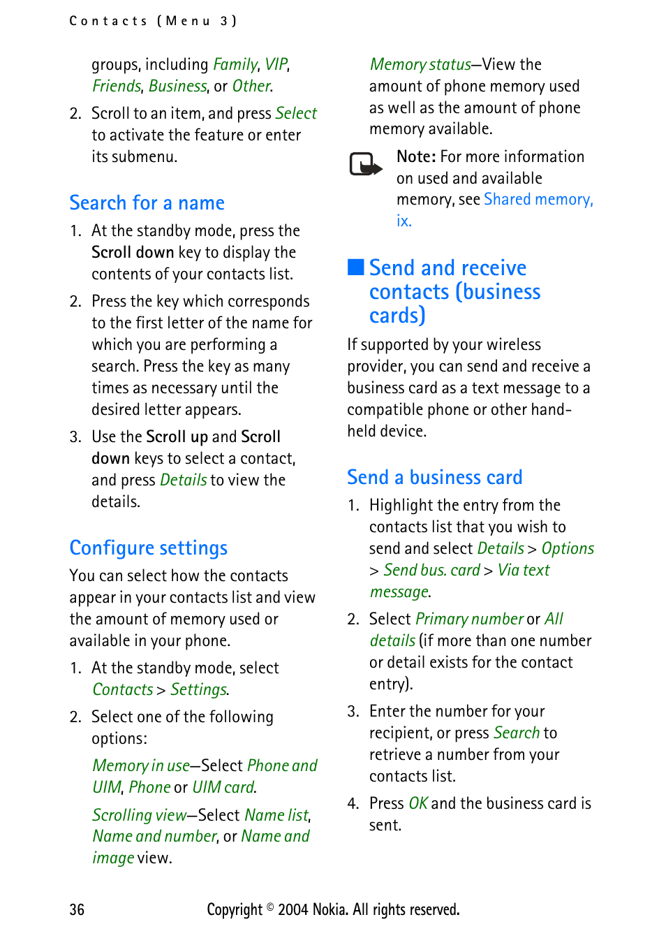 Search for a name, Configure settings, Send and receive contacts (business cards) | Send a business card, Search for a name configure settings | Nokia XPRESS-ON 3125 User Manual | Page 46 / 91