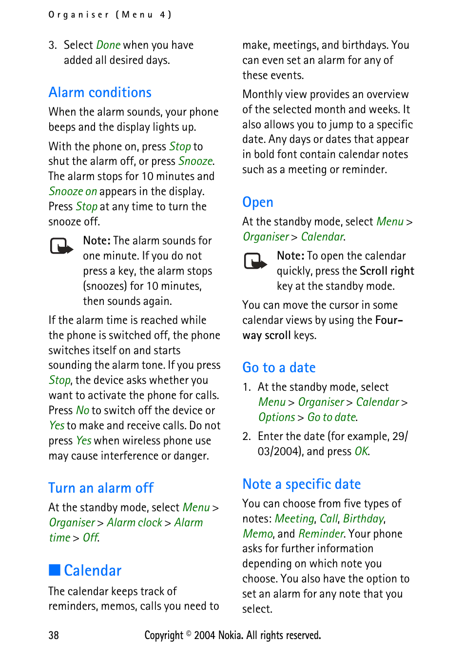 Alarm conditions, Turn an alarm off, Calendar | Open, Go to a date, Note a specific date, Alarm conditions turn an alarm off, Open go to a date note a specific date | Nokia XPRESS-ON 3125 User Manual | Page 48 / 91