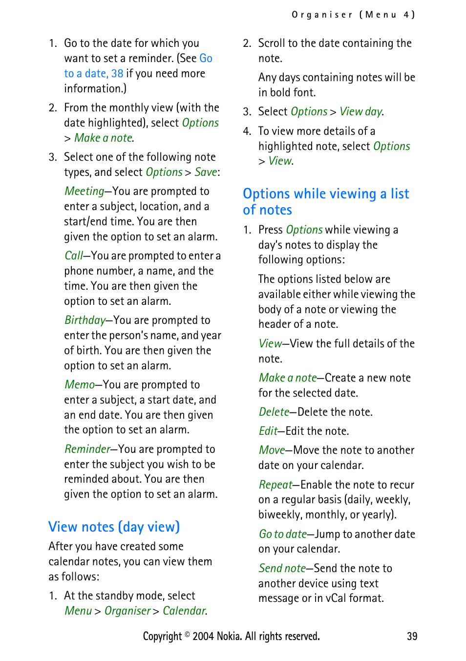 View notes (day view), Options while viewing a list of notes | Nokia XPRESS-ON 3125 User Manual | Page 49 / 91