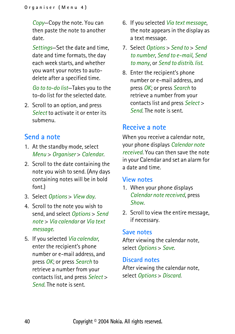 Send a note, Receive a note, View notes | Save notes, Discard notes, Send a note receive a note, View notes save notes discard notes | Nokia XPRESS-ON 3125 User Manual | Page 50 / 91