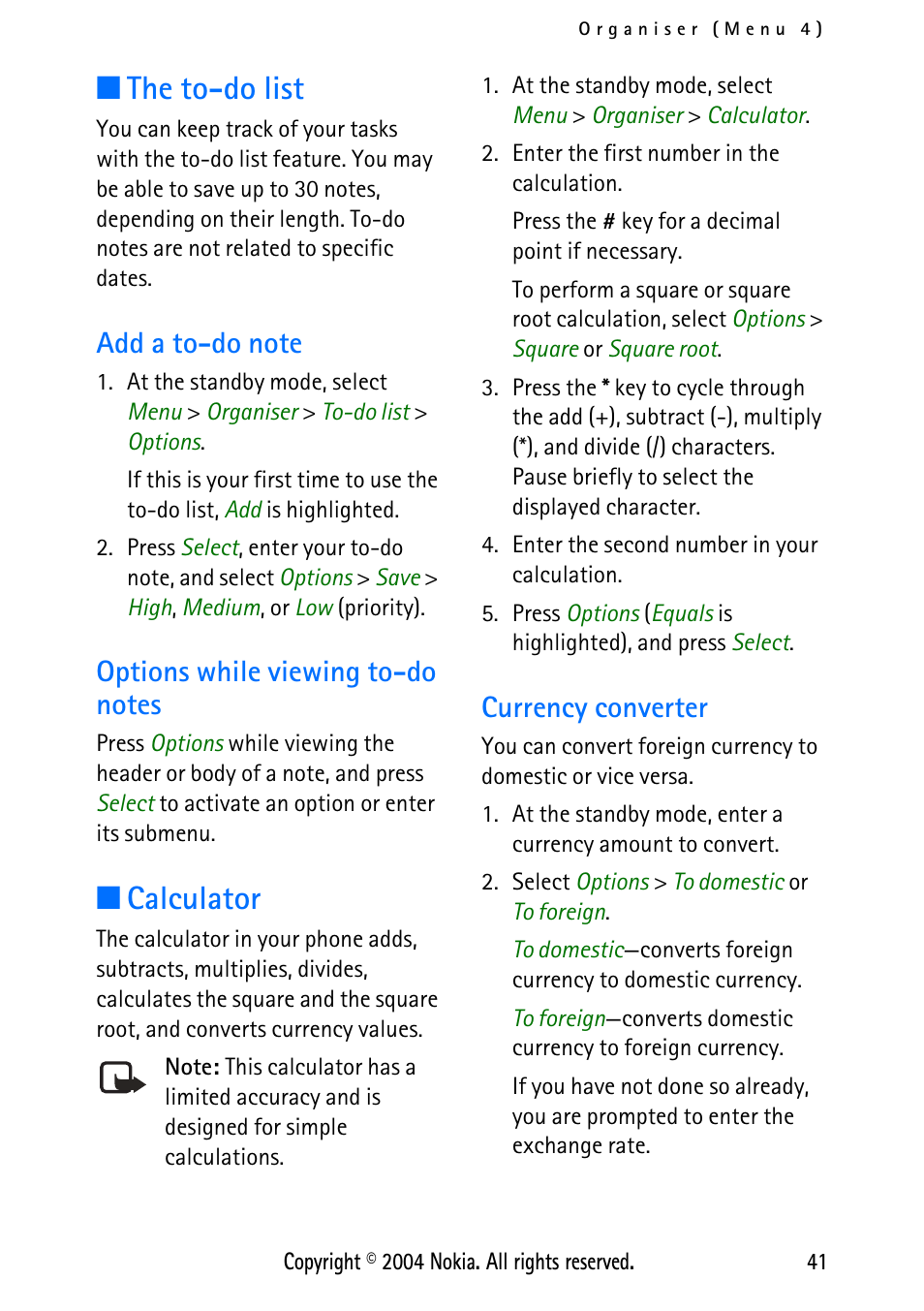 The to-do list, Add a to-do note, Options while viewing to-do notes | Calculator, Currency converter | Nokia XPRESS-ON 3125 User Manual | Page 51 / 91