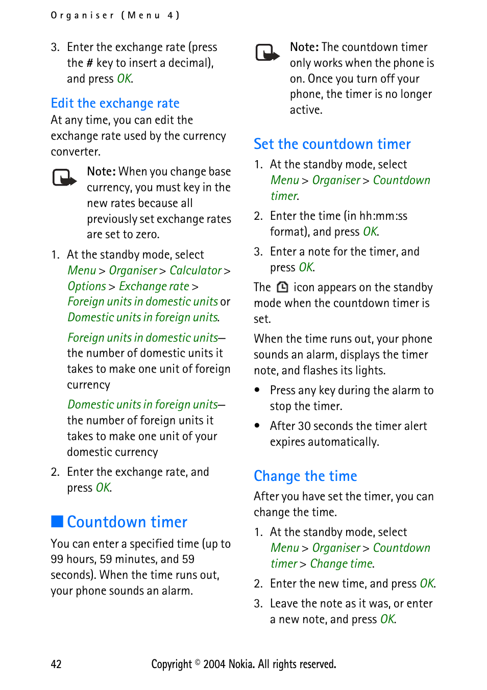 Edit the exchange rate, Countdown timer, Set the countdown timer | Change the time, Set the countdown timer change the time, Countdown timer, 42 | Nokia XPRESS-ON 3125 User Manual | Page 52 / 91