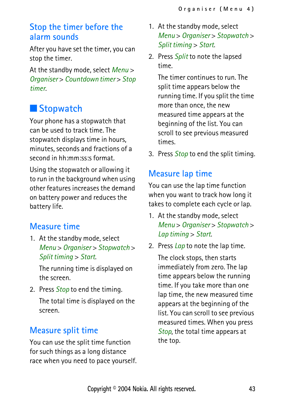 Stop the timer before the alarm sounds, Stopwatch, Measure time | Measure split time, Measure lap time, Measure time measure split time measure lap time | Nokia XPRESS-ON 3125 User Manual | Page 53 / 91