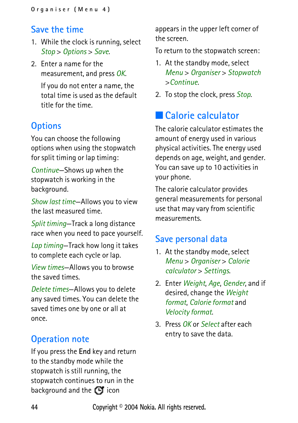 Save the time, Options, Operation note | Calorie calculator, Save personal data, Options operation note | Nokia XPRESS-ON 3125 User Manual | Page 54 / 91