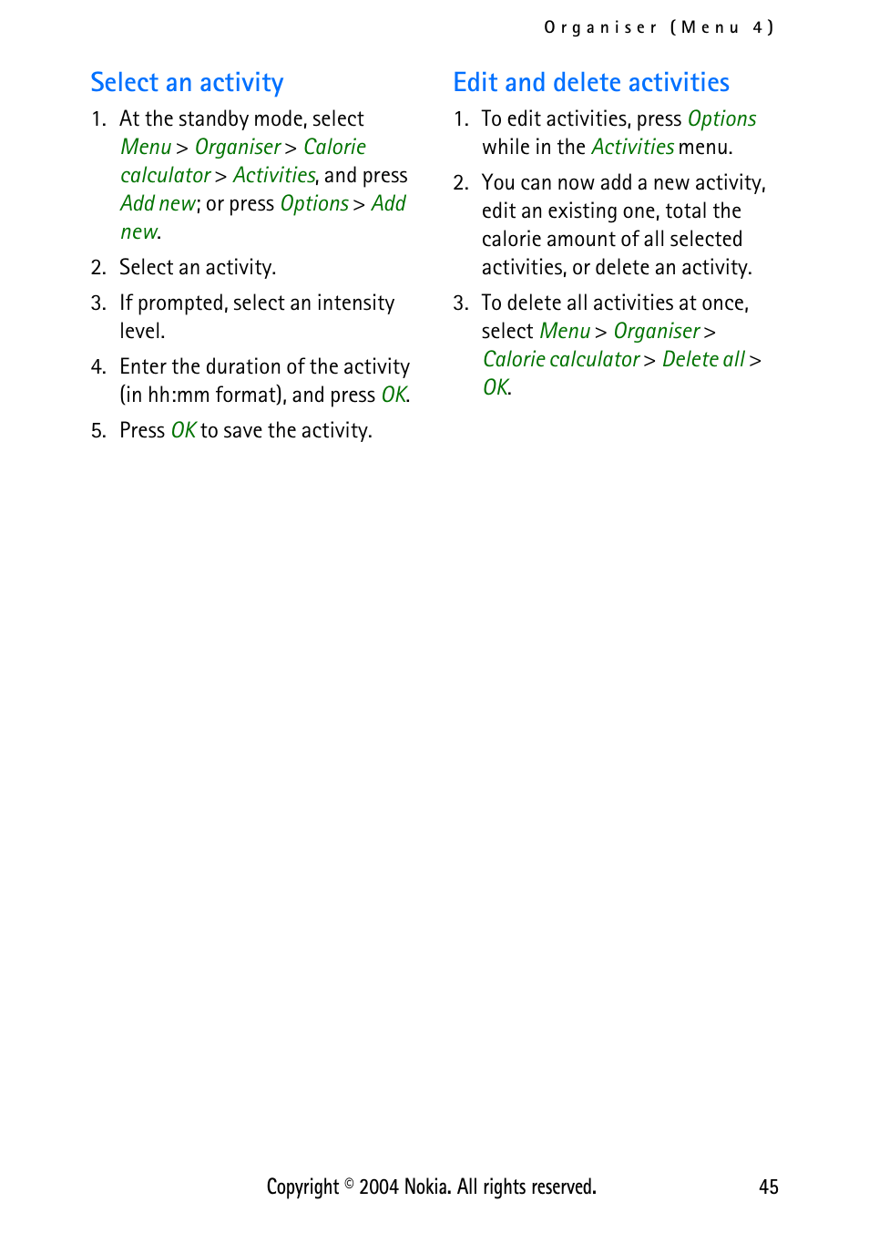 Select an activity, Edit and delete activities, Select an activity edit and delete activities | Nokia XPRESS-ON 3125 User Manual | Page 55 / 91