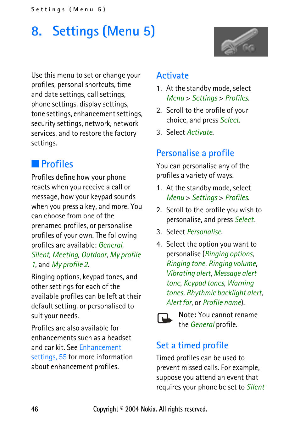 Settings (menu 5), Profiles, Activate | Personalise a profile, Set a timed profile, Activate personalise a profile set a timed profile, Profiles, 46 | Nokia XPRESS-ON 3125 User Manual | Page 56 / 91