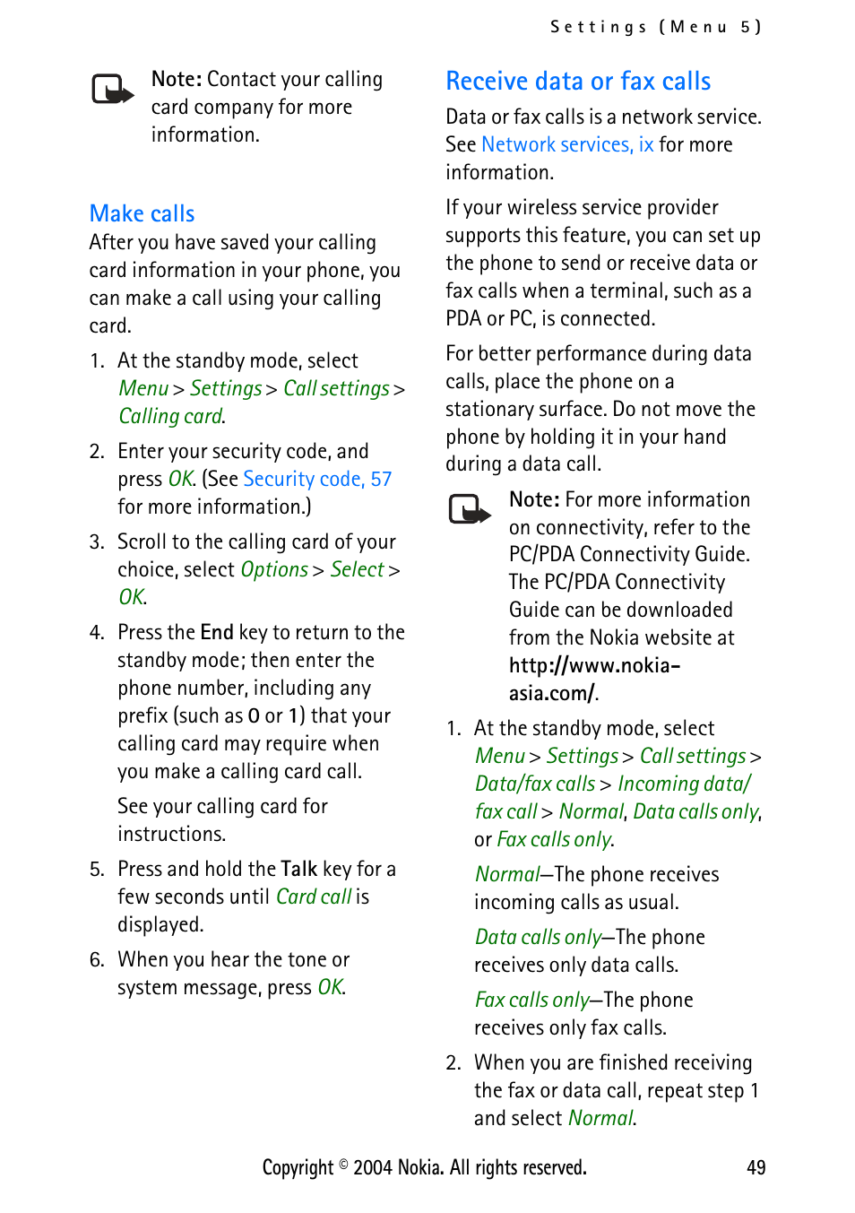 Make calls, Receive data or fax calls | Nokia XPRESS-ON 3125 User Manual | Page 59 / 91