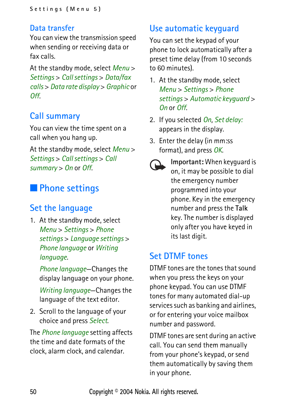 Data transfer, Call summary, Phone settings | Set the language, Use automatic keyguard, Set dtmf tones | Nokia XPRESS-ON 3125 User Manual | Page 60 / 91