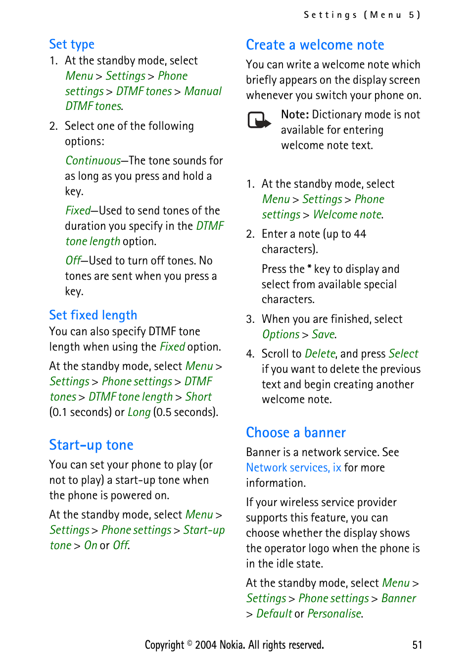 Set type, Set fixed length, Start-up tone | Create a welcome note, Choose a banner, Set type set fixed length | Nokia XPRESS-ON 3125 User Manual | Page 61 / 91