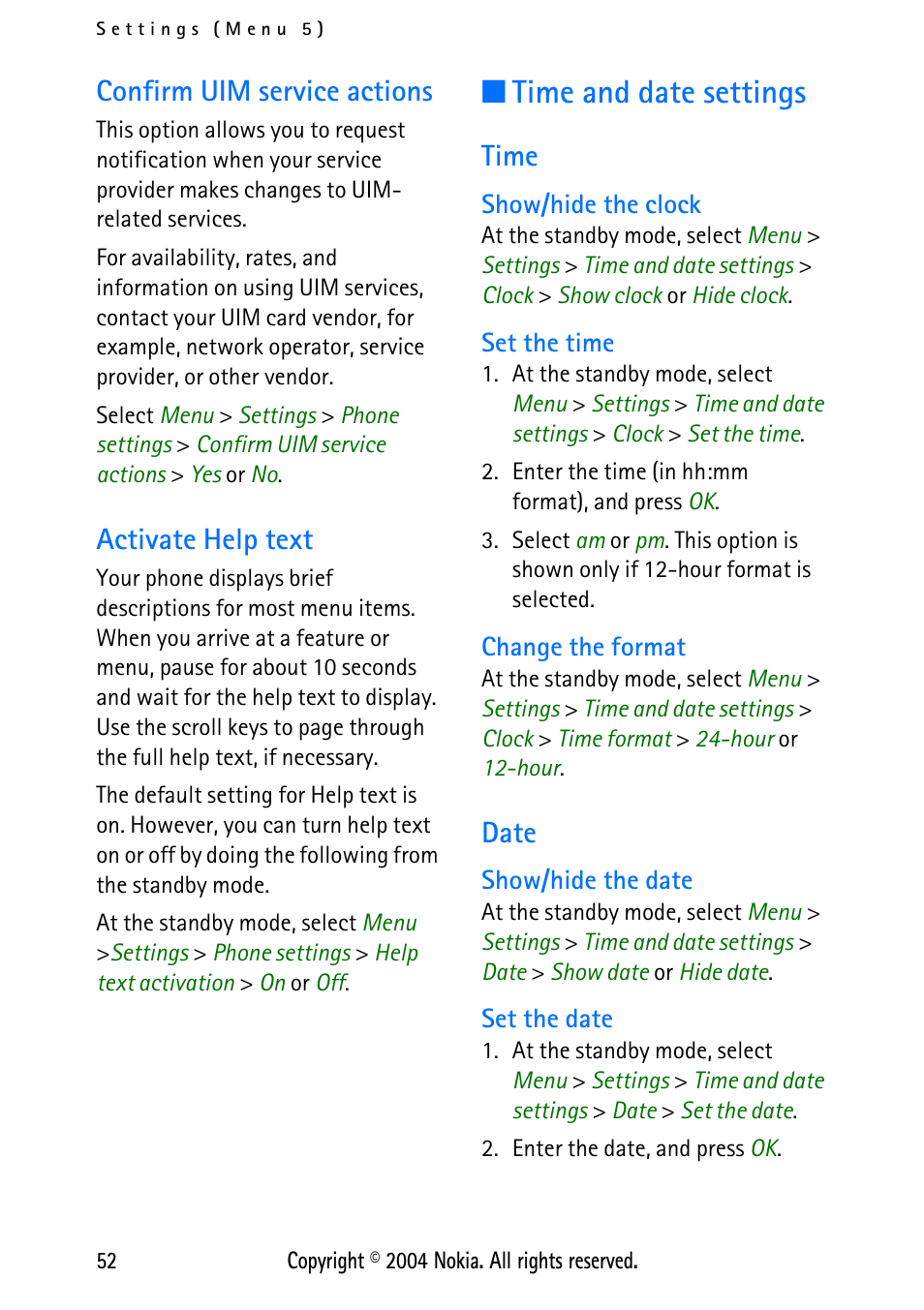 Confirm uim service actions, Activate help text, Time and date settings | Time, Show/hide the clock, Set the time, Change the format, Date, Show/hide the date, Set the date | Nokia XPRESS-ON 3125 User Manual | Page 62 / 91