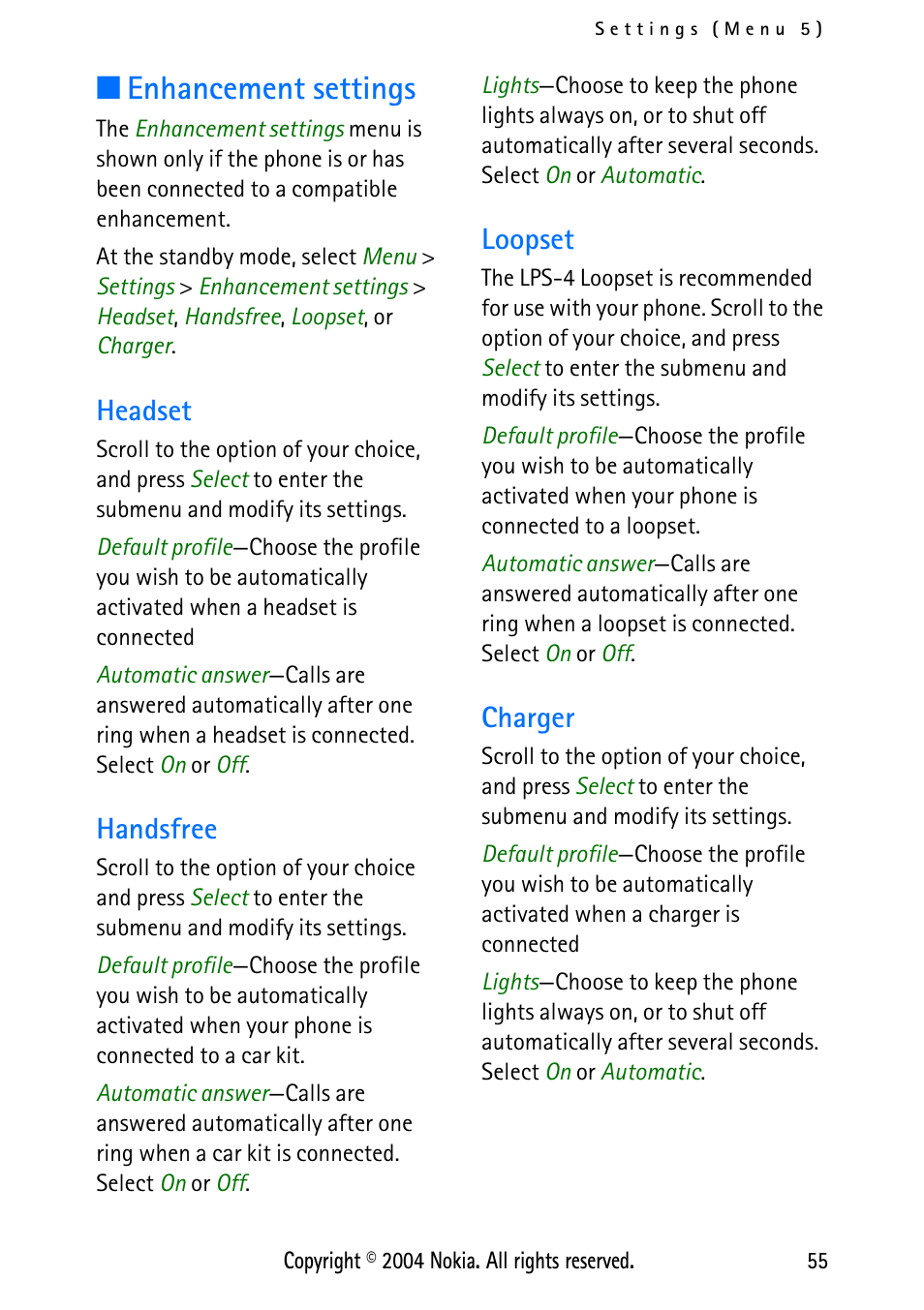 Enhancement settings, Headset, Handsfree | Loopset, Charger, Headset handsfree loopset charger, Enhancement settings, 55 | Nokia XPRESS-ON 3125 User Manual | Page 65 / 91