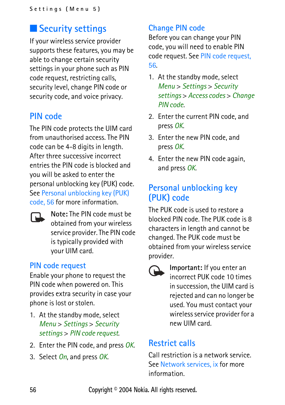 Security settings, Pin code, Pin code request | Change pin code, Personal unblocking key (puk) code, Restrict calls, Pin code request change pin code | Nokia XPRESS-ON 3125 User Manual | Page 66 / 91