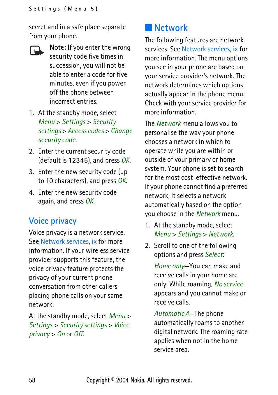 Voice privacy, Network, Voice privacy, 58 | Nokia XPRESS-ON 3125 User Manual | Page 68 / 91