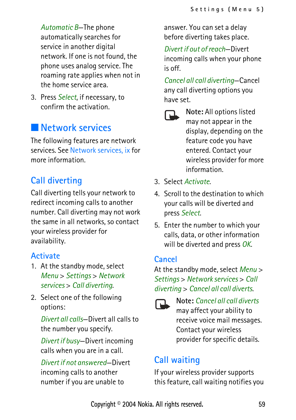 Network services, Call diverting, Activate | Cancel, Call waiting, Activate cancel | Nokia XPRESS-ON 3125 User Manual | Page 69 / 91