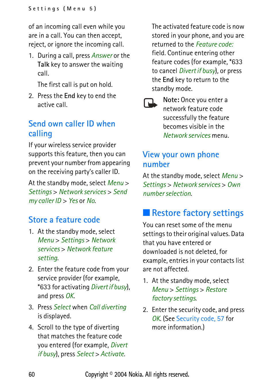 Send own caller id when calling, Store a feature code, View your own phone number | Restore factory settings | Nokia XPRESS-ON 3125 User Manual | Page 70 / 91