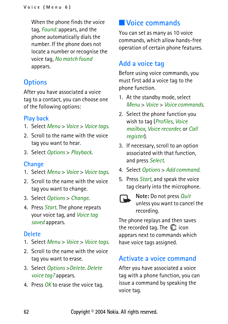 Options, Play back, Change | Delete, Voice commands, Add a voice tag, Activate a voice command, Play back change delete, Add a voice tag activate a voice command | Nokia XPRESS-ON 3125 User Manual | Page 72 / 91