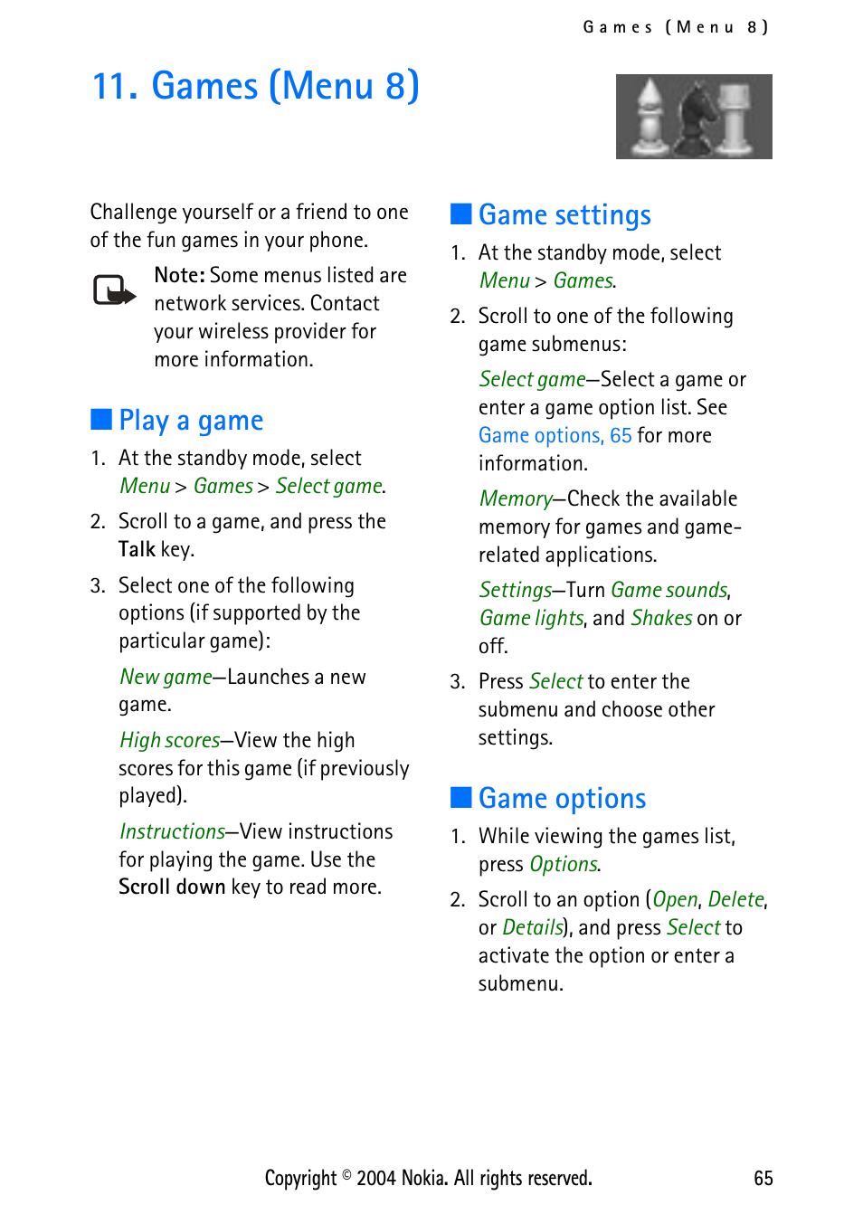 Games (menu 8), Play a game, Game settings | Game options, Play a game game settings game options | Nokia XPRESS-ON 3125 User Manual | Page 75 / 91