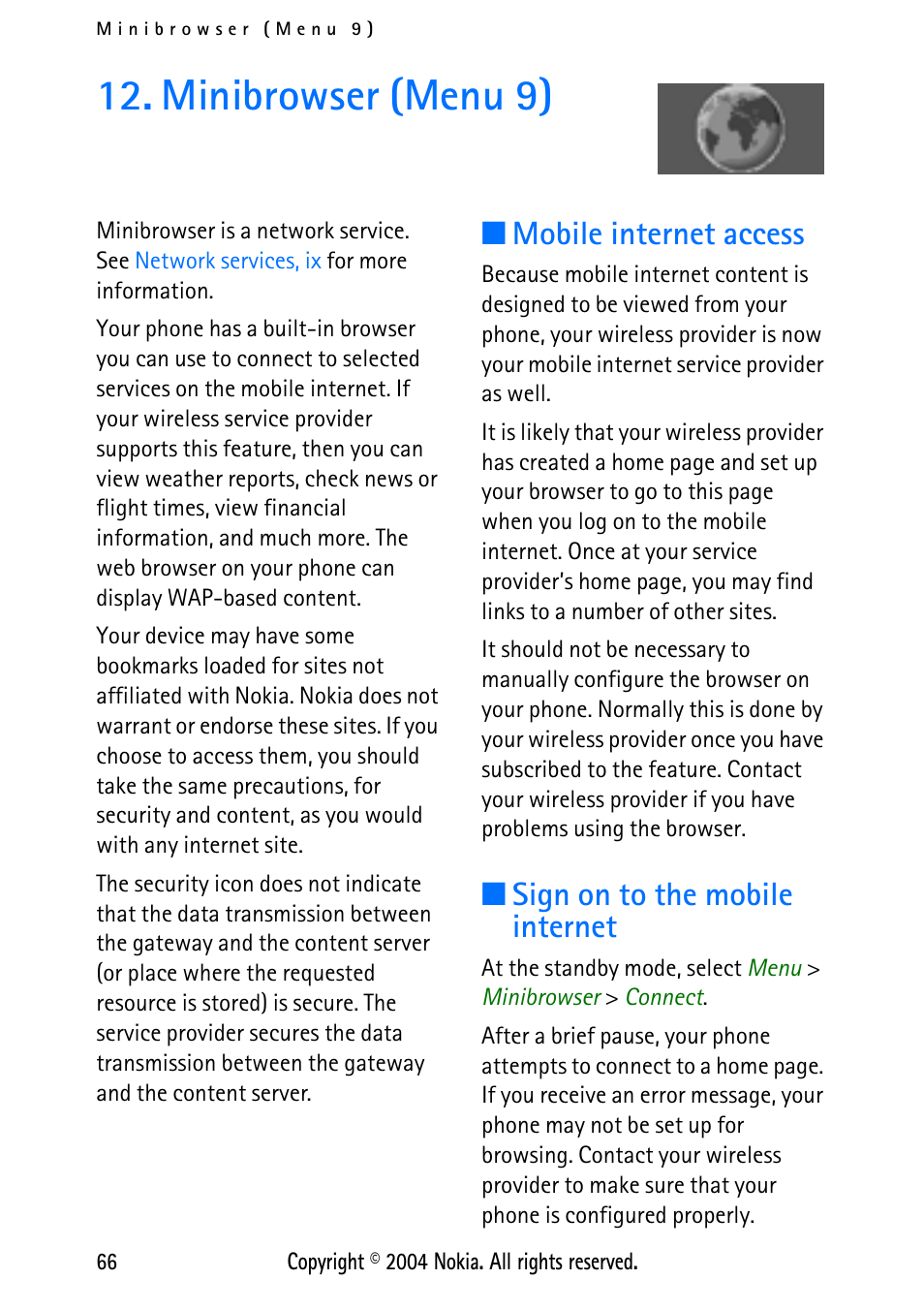 Minibrowser (menu 9), Mobile internet access, Sign on to the mobile internet | Minibrowser (menu 9), 66 | Nokia XPRESS-ON 3125 User Manual | Page 76 / 91