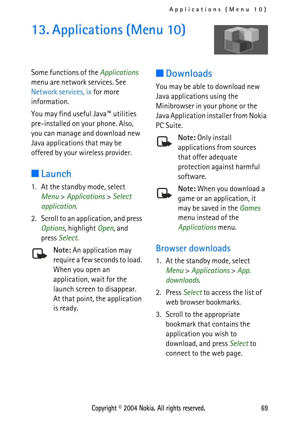 Applications (menu 10), Launch, Download | Browser downloads, Launch downloads, Downloads | Nokia XPRESS-ON 3125 User Manual | Page 79 / 91