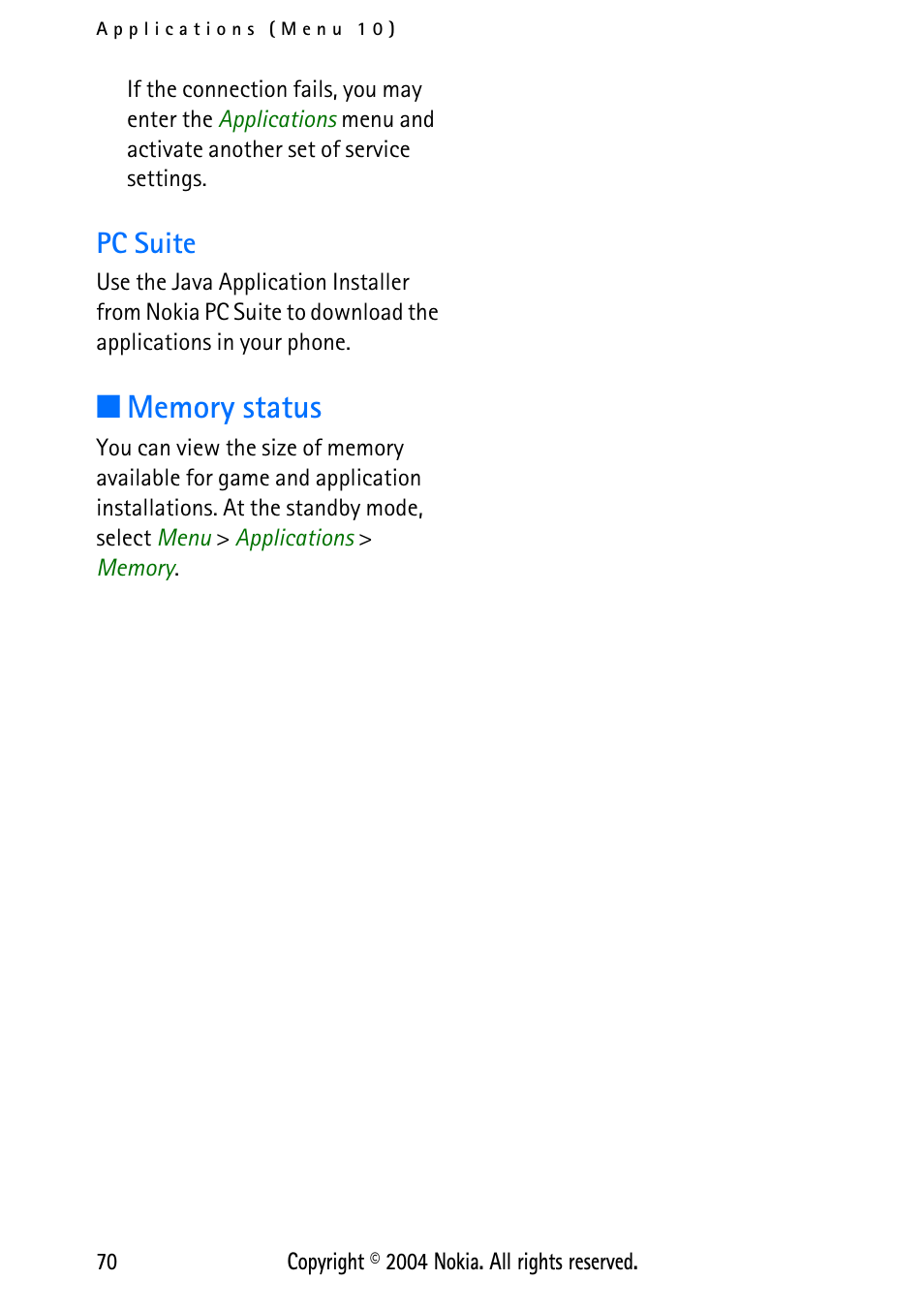 Pc suite, Memory status | Nokia XPRESS-ON 3125 User Manual | Page 80 / 91