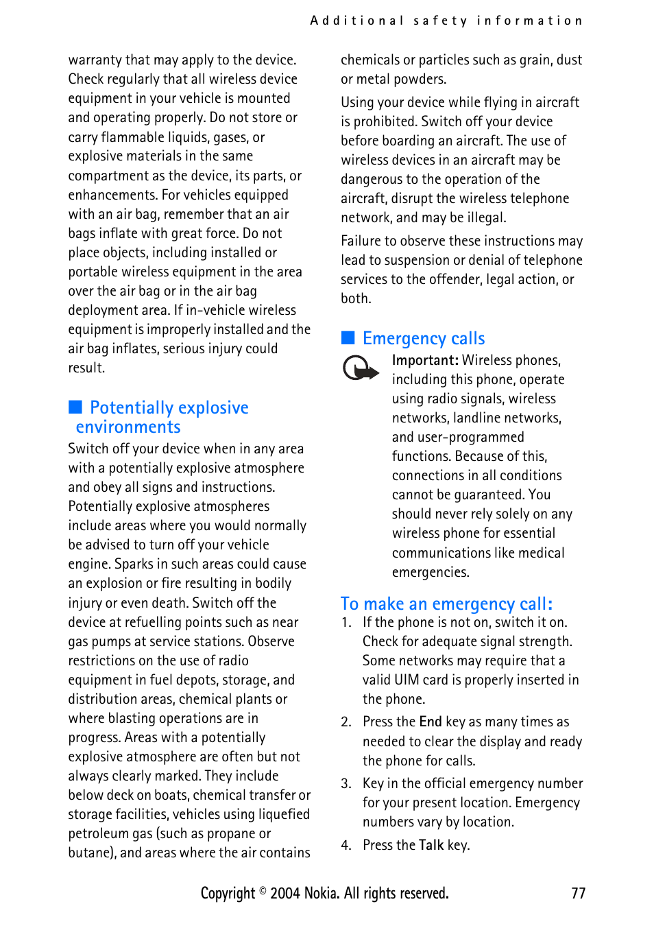 Potentially explosive environments, Emergency calls | Nokia XPRESS-ON 3125 User Manual | Page 87 / 91