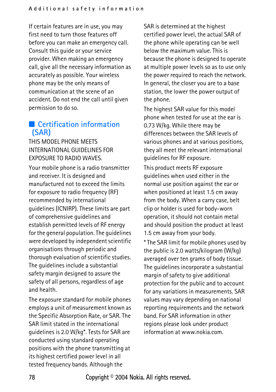 Certification information (sar) | Nokia XPRESS-ON 3125 User Manual | Page 88 / 91