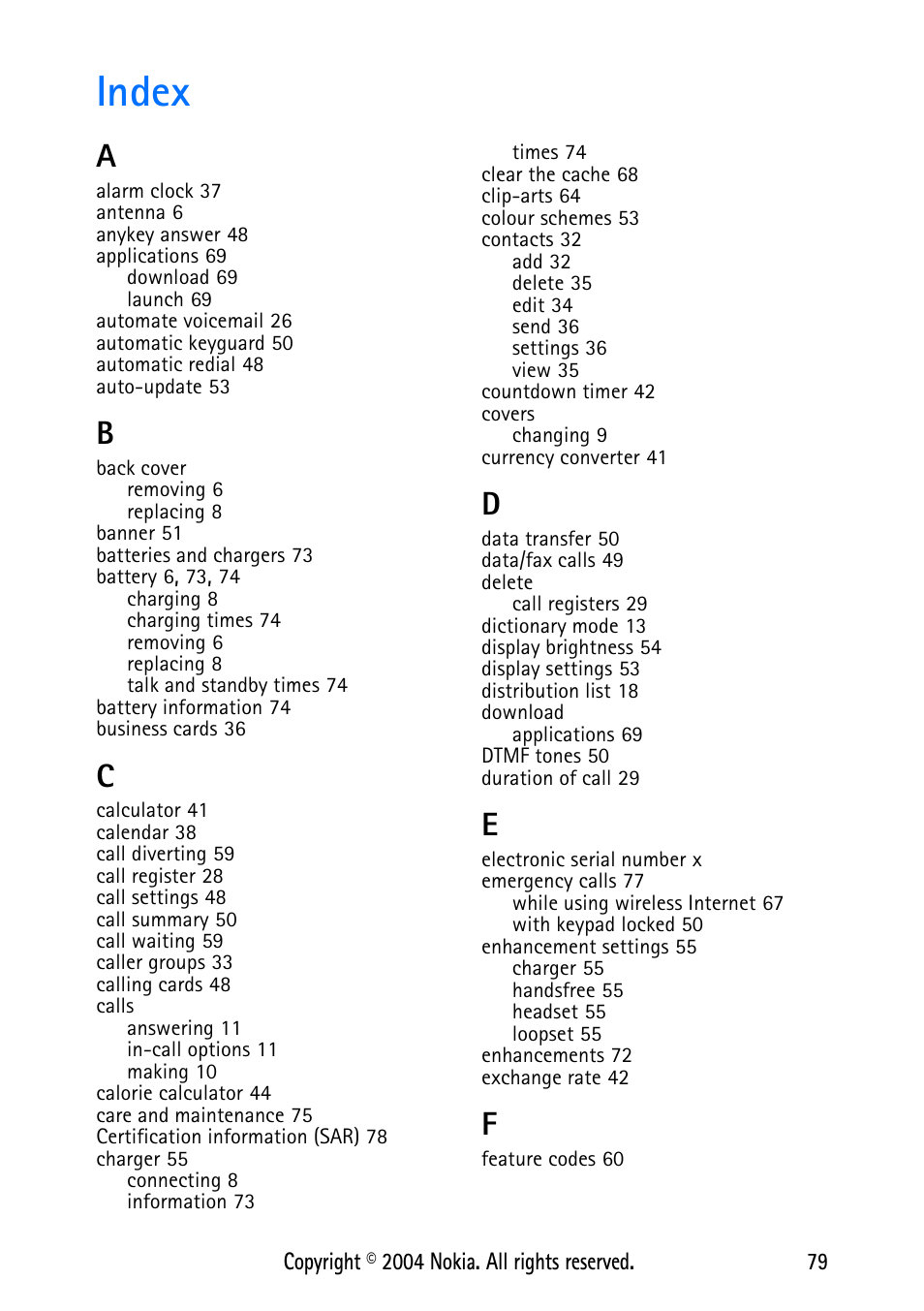 Index | Nokia XPRESS-ON 3125 User Manual | Page 89 / 91