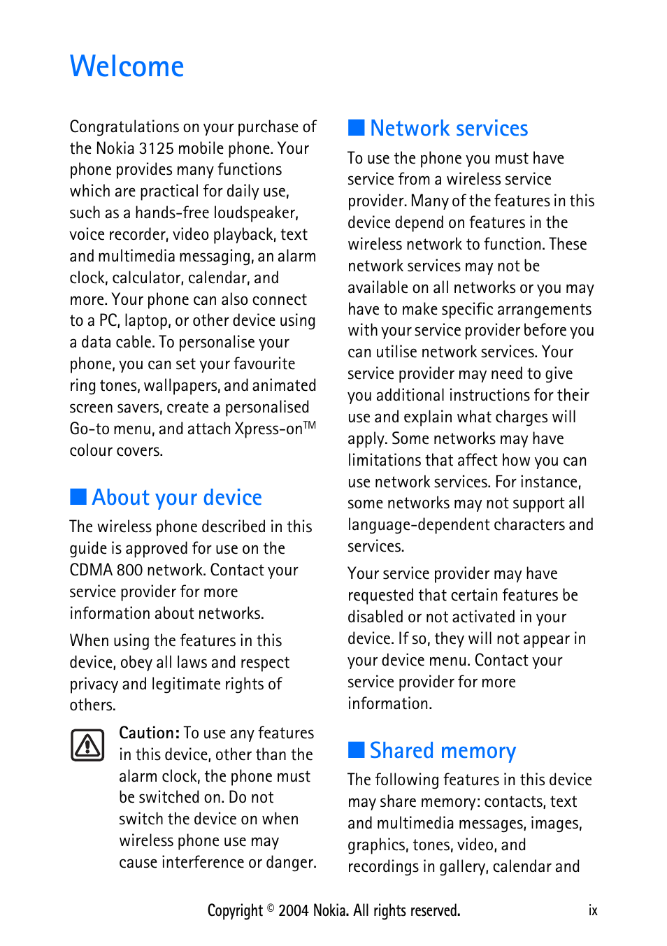 Welcome, About your device, Network services | Shared memory, Welcome....................................... ix | Nokia XPRESS-ON 3125 User Manual | Page 9 / 91