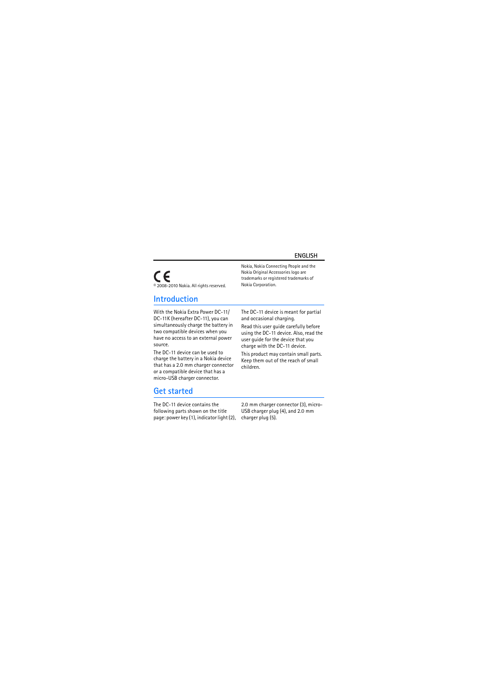 Introduction, Get started | Nokia EXTRA POWER DC-11 User Manual | Page 2 / 7